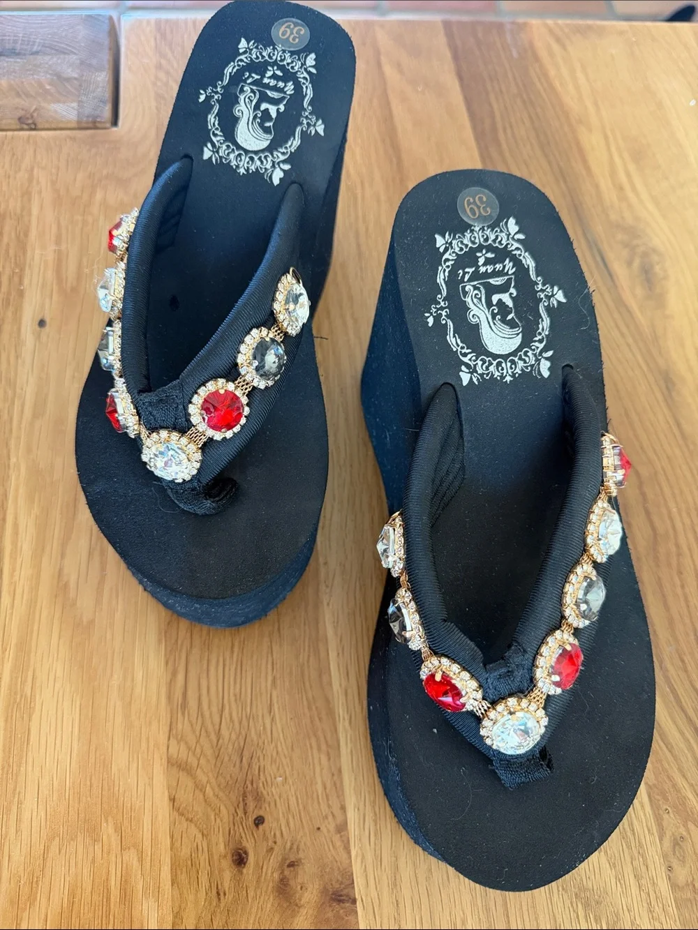 Black Women's Gem-Embellished Wedge Flip Flops - 39